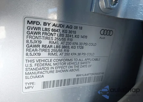 2019 Audi Q7 55 Premium/55 Se Premium from USA, damaged, VIN WA1LAAF72KD003749